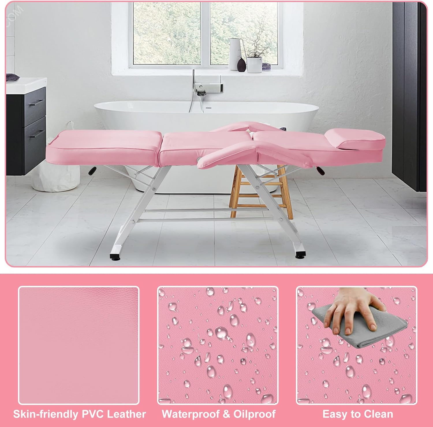 Tattoo Chair 3-Section Adjustable Salon Table with Head Cushion and Stool, Facial Chair Massage Bed, Max Weight Capacity 330lbs (Pink)