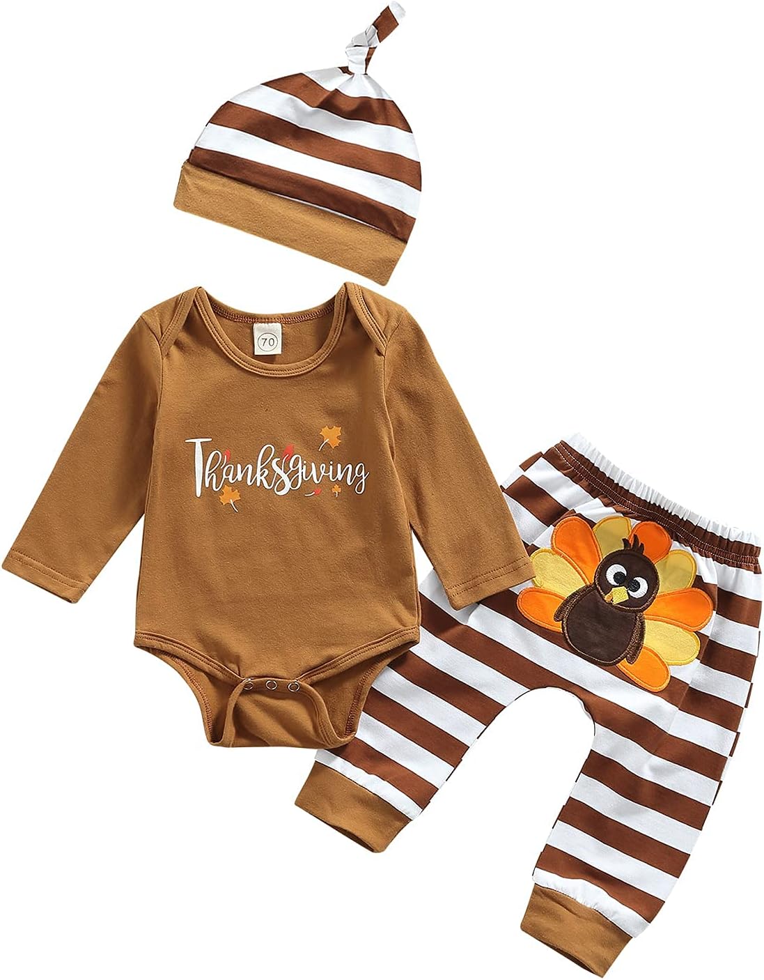 BemeUSWTMy First Thanksgiving Newborn Infant Baby Girl Boy Outfits Long Sleeve One-Piece Romper Bodysuit Turkey Cartoon Pants Hat 3Pcs Unisex Baby Clothes Set 0-18 Months