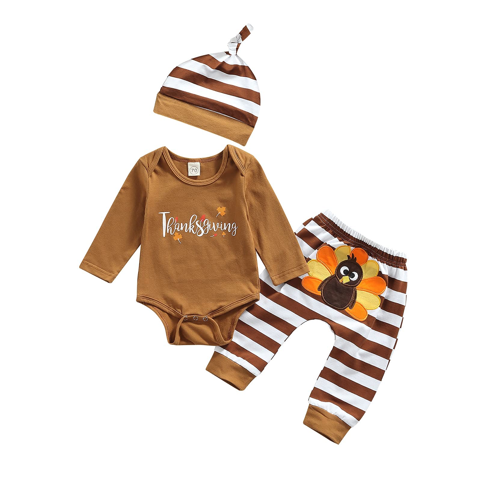 BemeUSWTMy First Thanksgiving Newborn Infant Baby Girl Boy Outfits Long Sleeve One-Piece Romper Bodysuit Turkey Cartoon Pants Hat 3Pcs Unisex Baby Clothes Set 0-18 Months