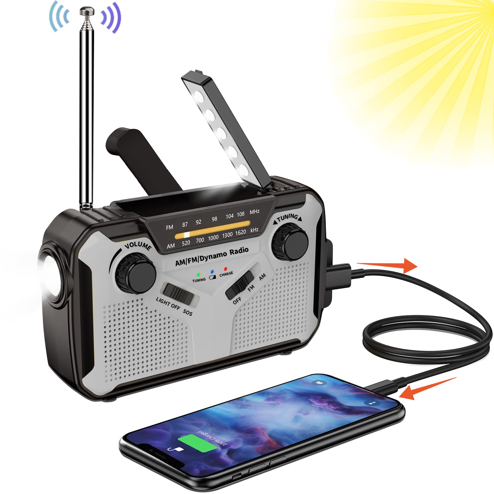 Solar Radio, AM/FM Tragbar Kurbelradio Dynamo Notfallradio mit 4000mAh Wiederaufladbare Batterie, Led Taschenlampe, SOS-Alarm für Camping, Ourdoor, Notfall (Grey)