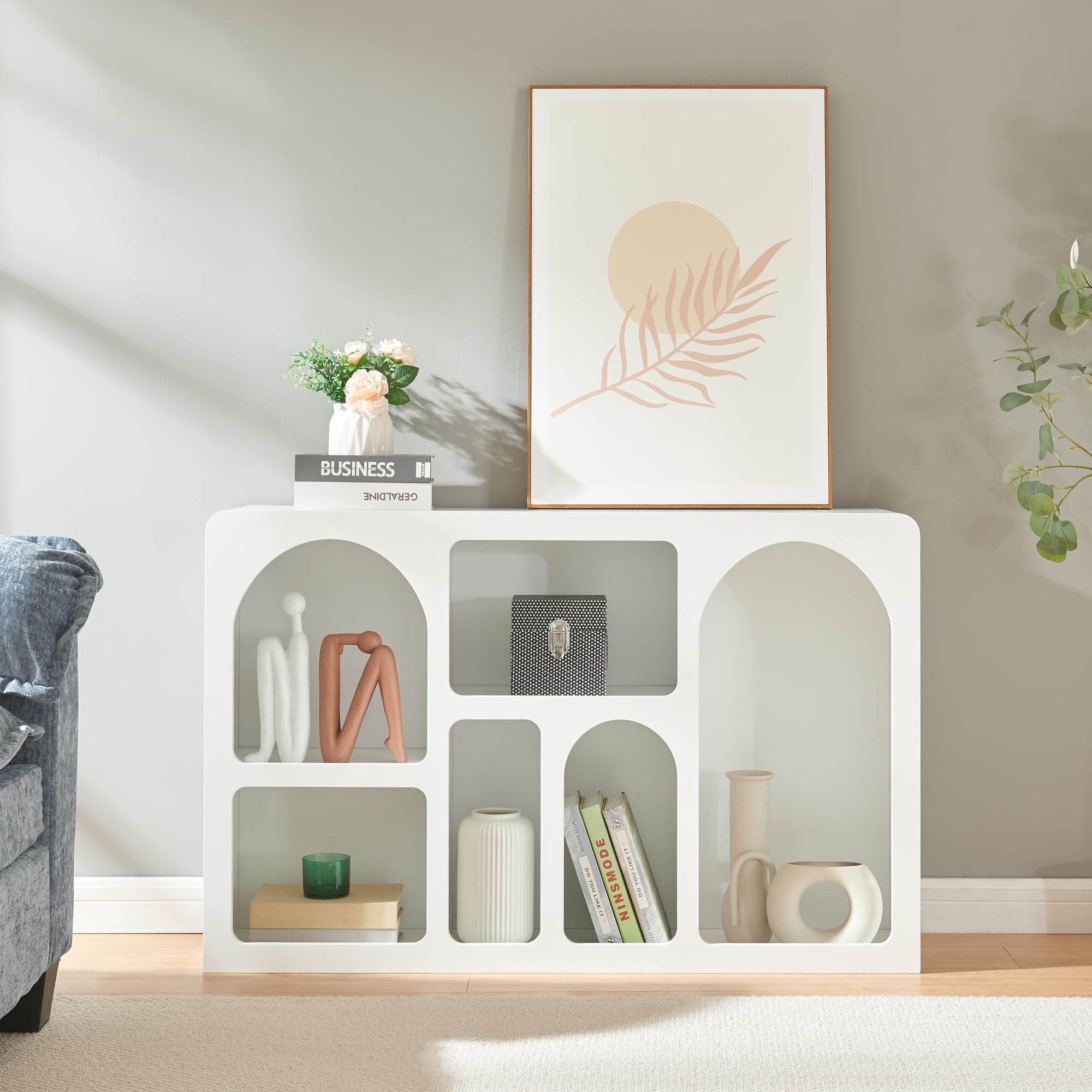[en.casa] Consolle Rettangolare con 6 Scomparti da Frontali Geometrici Mobile Stretto per Esposizione e Stoccaggio 110 x 30 x 70 cm Bianco