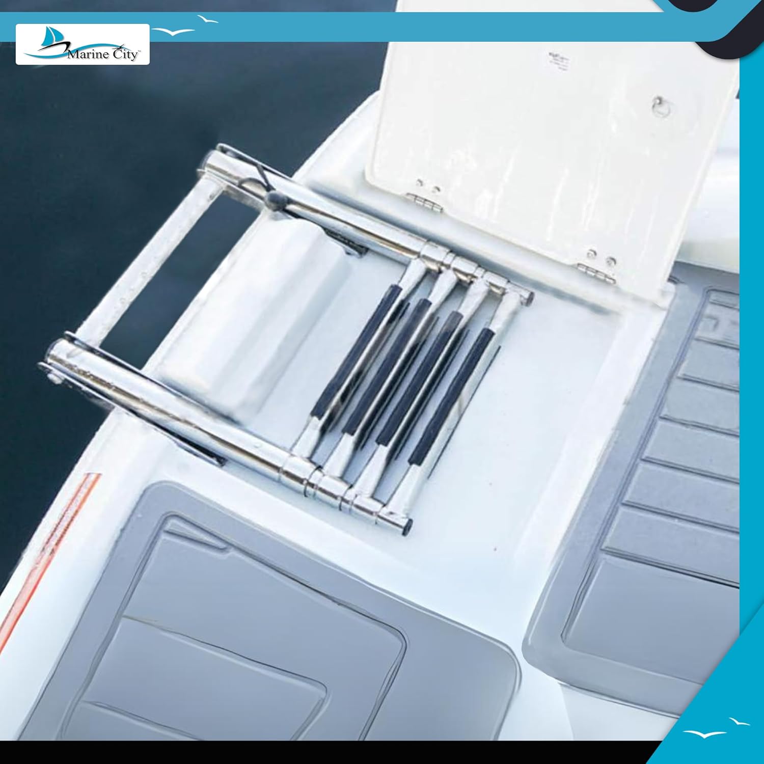 MARINE CITY Telescopic Drop Ladder with Gangplank Handle – Stainless Steel Folding Boat Ladder with Non-Slip Rubber Steps, Corrosion-Resistant for Marines Boats & Yachts