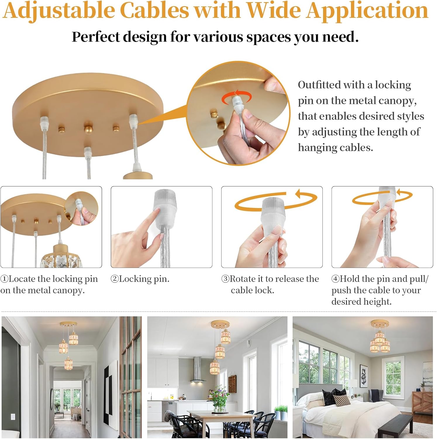 Modern Gold Crystal Pendant Light Fixture - 3-Light Adjustable Hanging Lamp for Kitchen Island, Dining Room, Living Room & Bedroom | Dimmable, Quick Install Farmhouse & Industrial Pendant Lighting