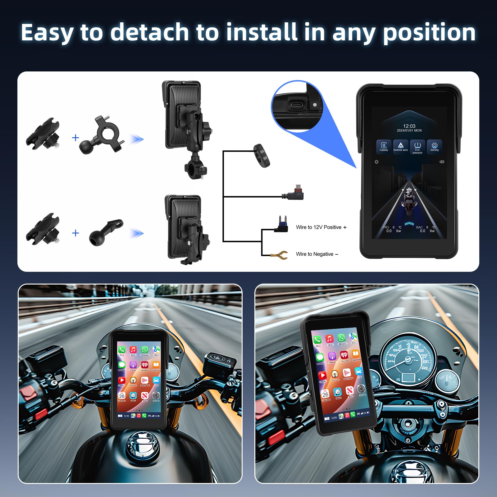 Écran Portable Carplay pour Moto, sans Fil CarPlay et Android Auto pour Moto, 5 Pouces Écran Tactile Étanche avec Bluetooth, Navigation GPS, Siri/G00gle Assistant