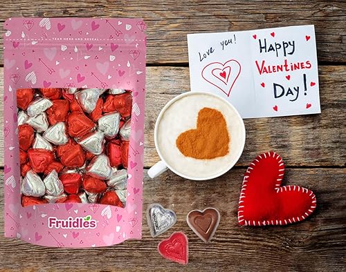 Miniatura 5 de Corazones de chocolate con leche en bolsa, corazones cremosos de chocolate en láminas rojas y plateadas, golosinas navideñas, envueltos