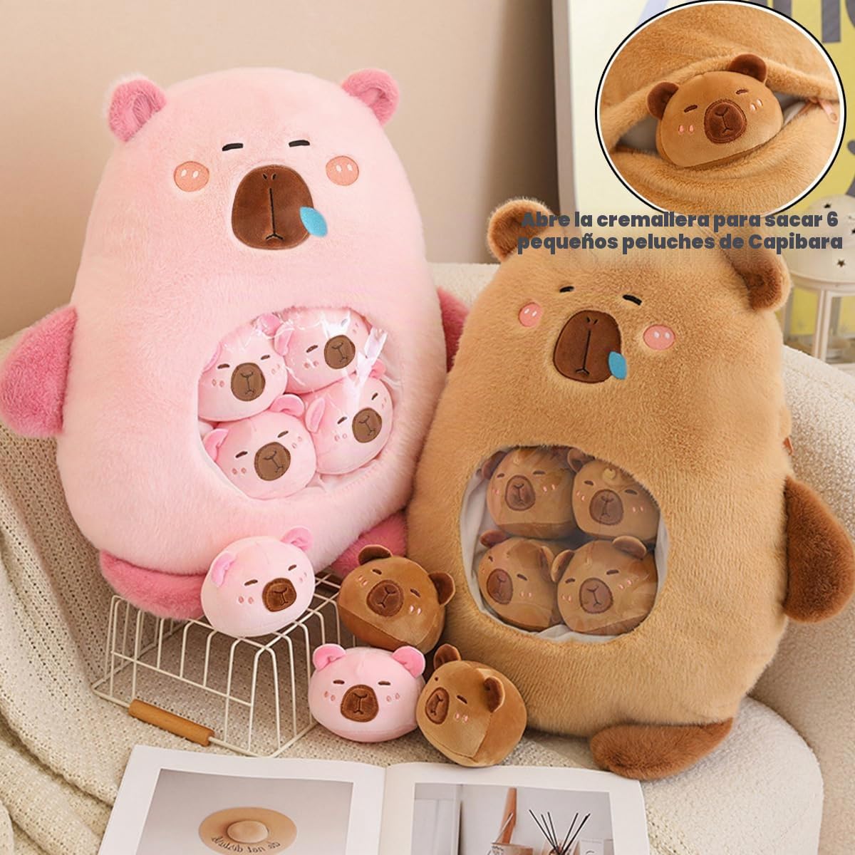 Kekeso Capybara Peluche Kawaii Capybara Peluche con 6 Bebés Lindos Bolsa de Capybara Peluches Almohada Juguetes de Peluche para Niñas Niños Regalos,Marrón