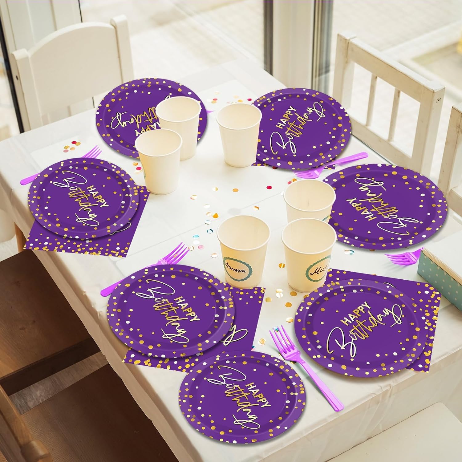 Wiooffen 96PCS Purple Gold Party Plates and Napkins - Happy Birthday Party Decorations - Disposable Tableware Set for 24 Guests
