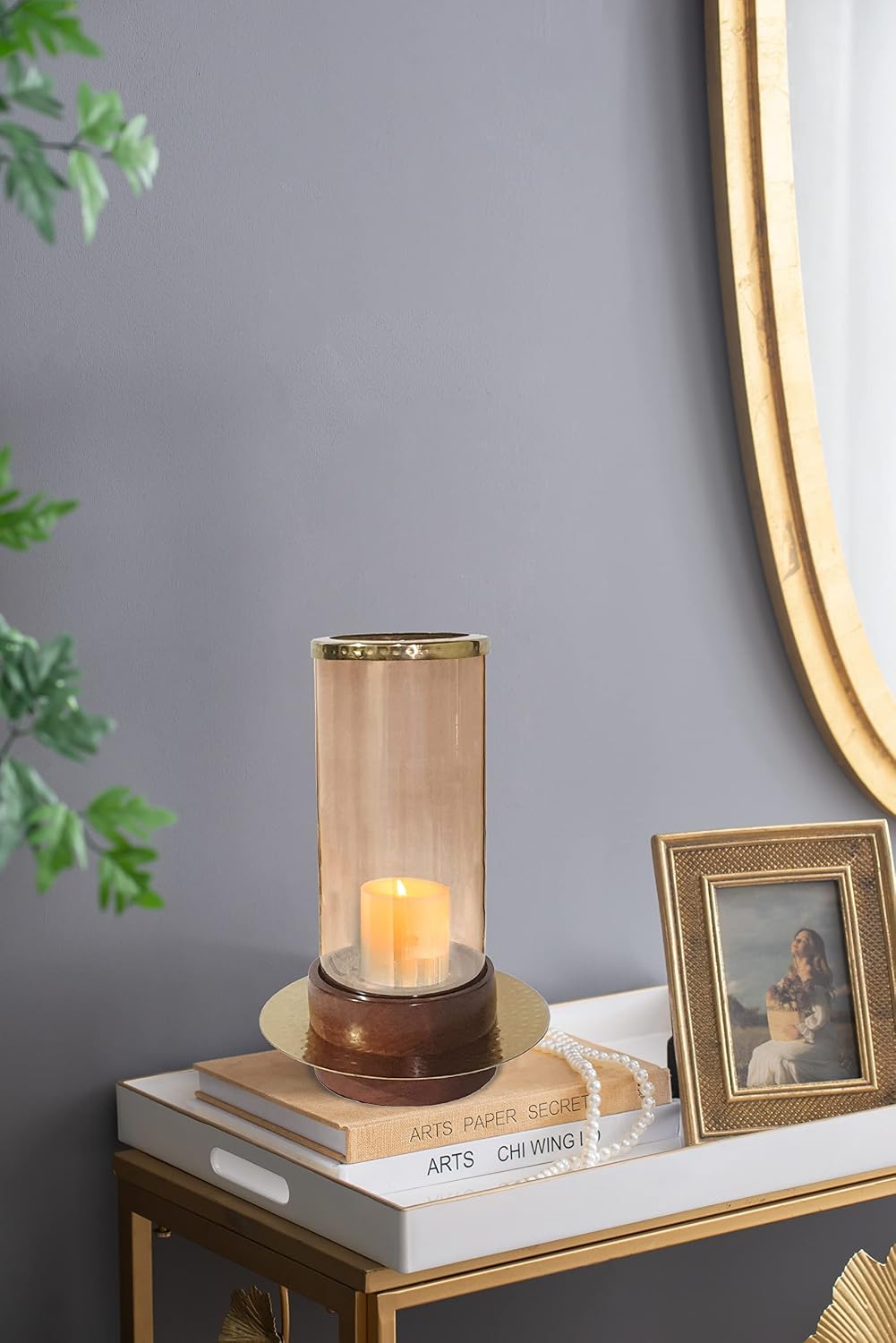 A&B Home Acacia Wood Candle Holder - Wood Candle Holder with Glass Hurricane, Decorative Tabletop Lighting, Living Room Coffee Table Accent Piece Dining Table Centerpiece, 7" x 7" x 11"