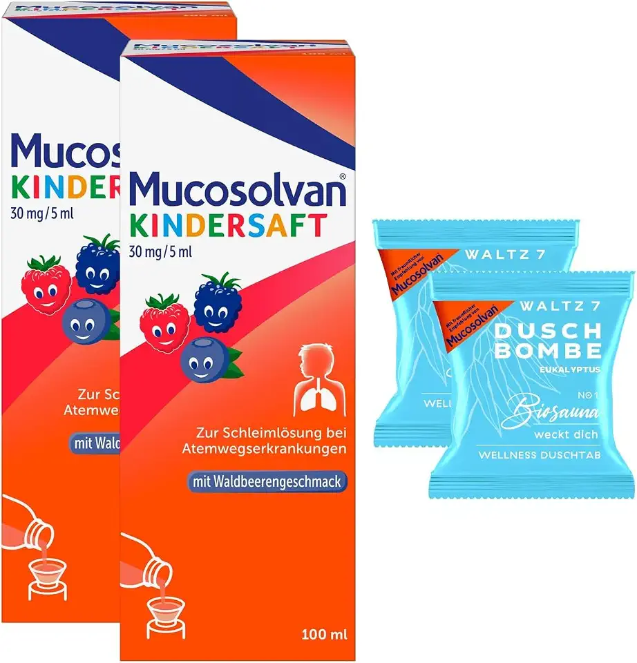 Husten - kein Codein mehr für Kinder 1 MUCOSOLVAN® Kindersaft 30 mg/5 ml, 2 x 100 ml, Hustenlöser mit Ambroxol, mit 2 Duschbomben