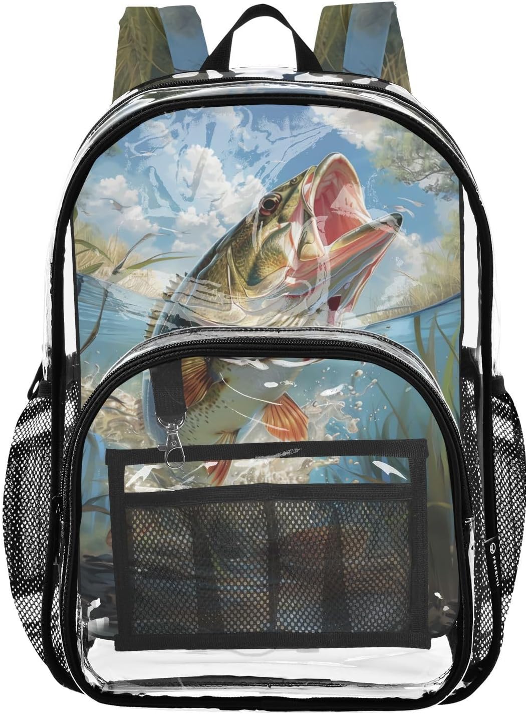 Fish Print Clear Backpack Lightweight Large Capacity See Through Bookbag Transparent Daypack Bag, 12L
