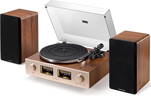 Miniatura 7 de HiFire X - Reproductor de discos de vinilo, sistema de tocadiscos de alta fidelidad audiófilo con altavoces de estantería de 100 W, medidor VU,