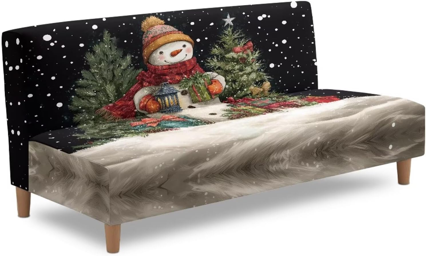 Christmas Snowman Armless Sofa Cover Stretch Spandex Futon Slipcover Non-Armrest Couch Furniture Protector Fit for Most Couches, Daily Home Decor for Christmas Day