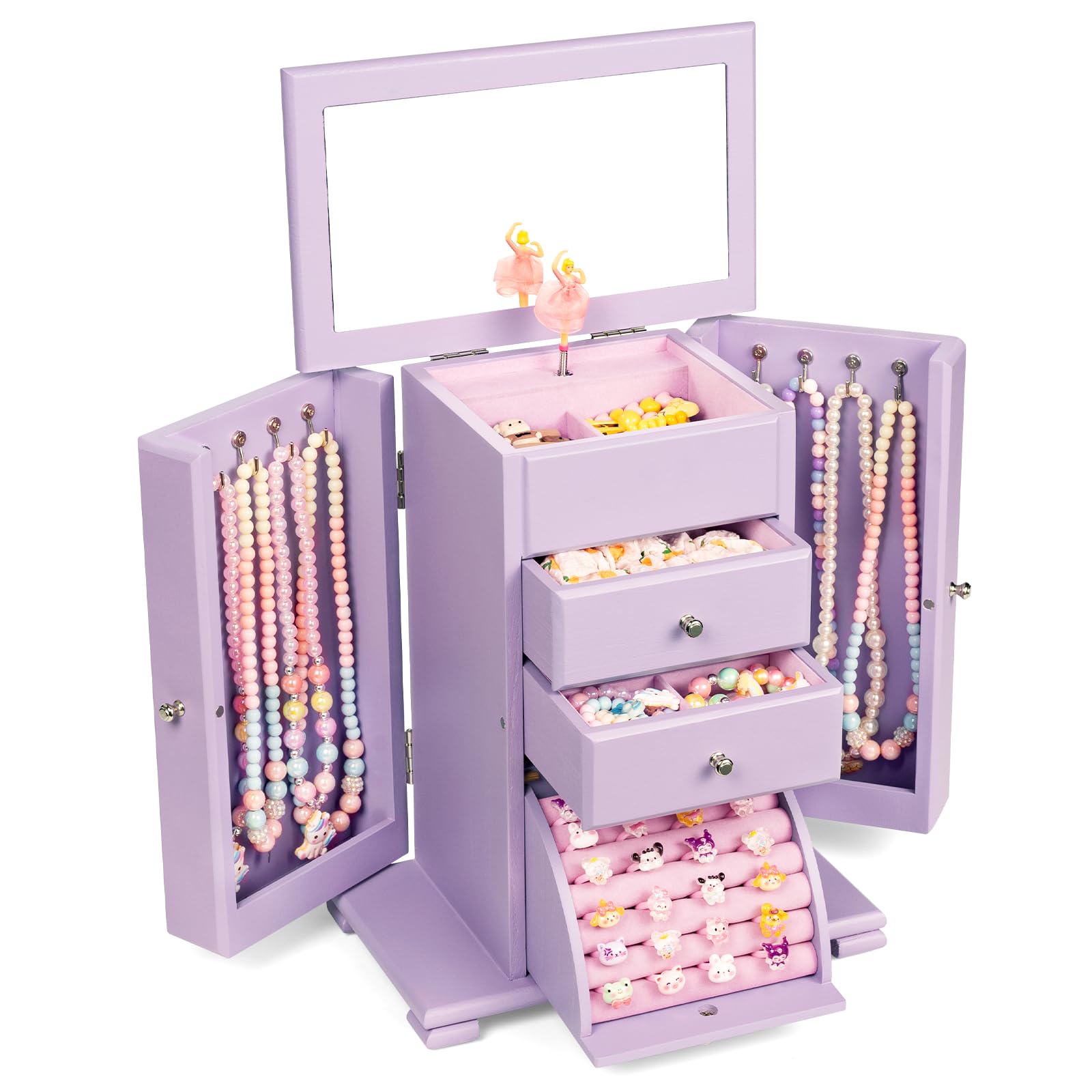 Emfogo Musical Jewelry Box for Girls, Large Kid Music Box with Ballerina for Birthday Bedroom Decor, 5 Layer Girl Jewelry Gifts for Girls Kids - Purple