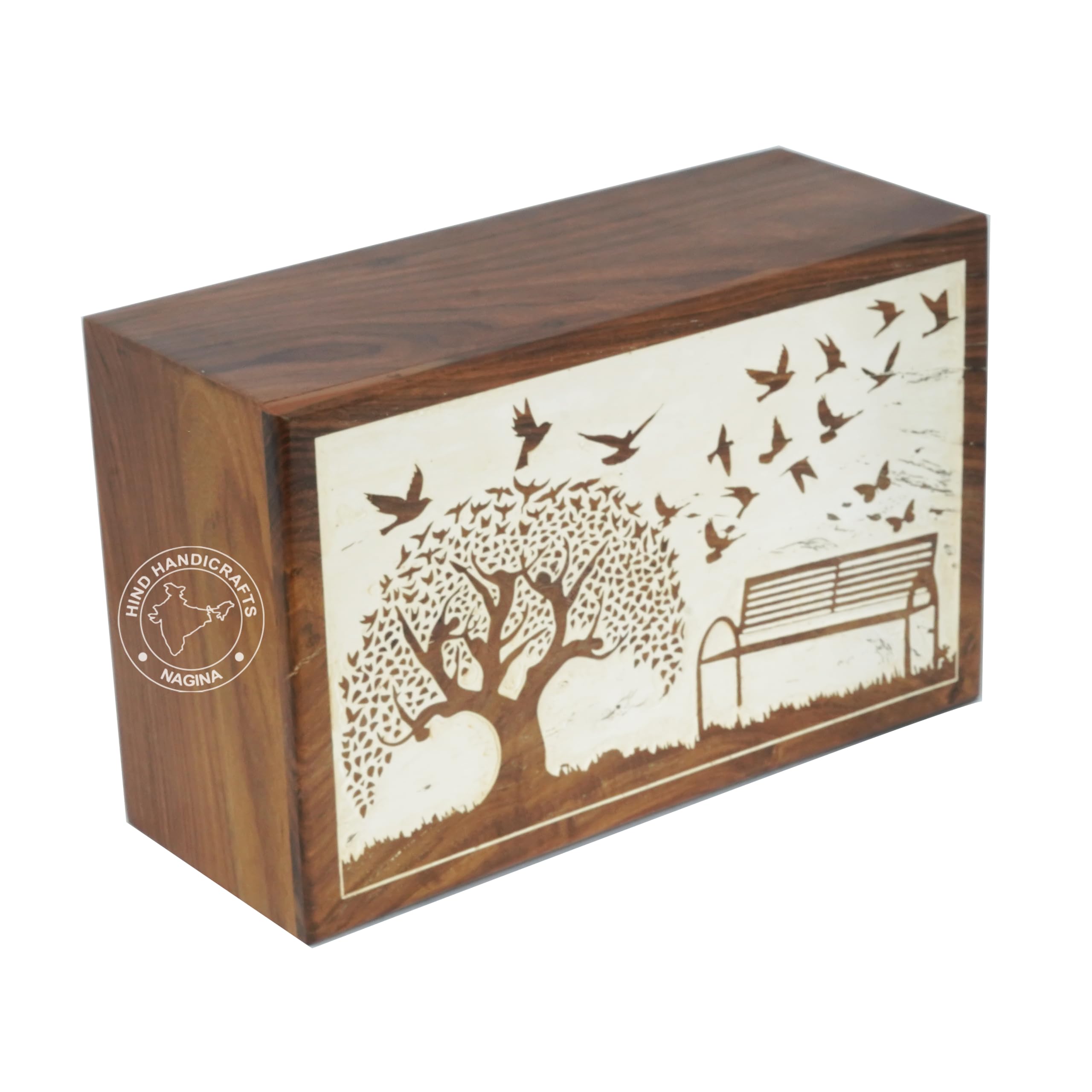 Hind Handicrafts Handcrafted Tree of Life | Wooden Cremation Urn Box for Human Ashes Adult | Burial Urn for Columbarium – Whitewashed Dove Design (Dove Whitewashed, 250 LB - Rosewood), bx403 — image 1