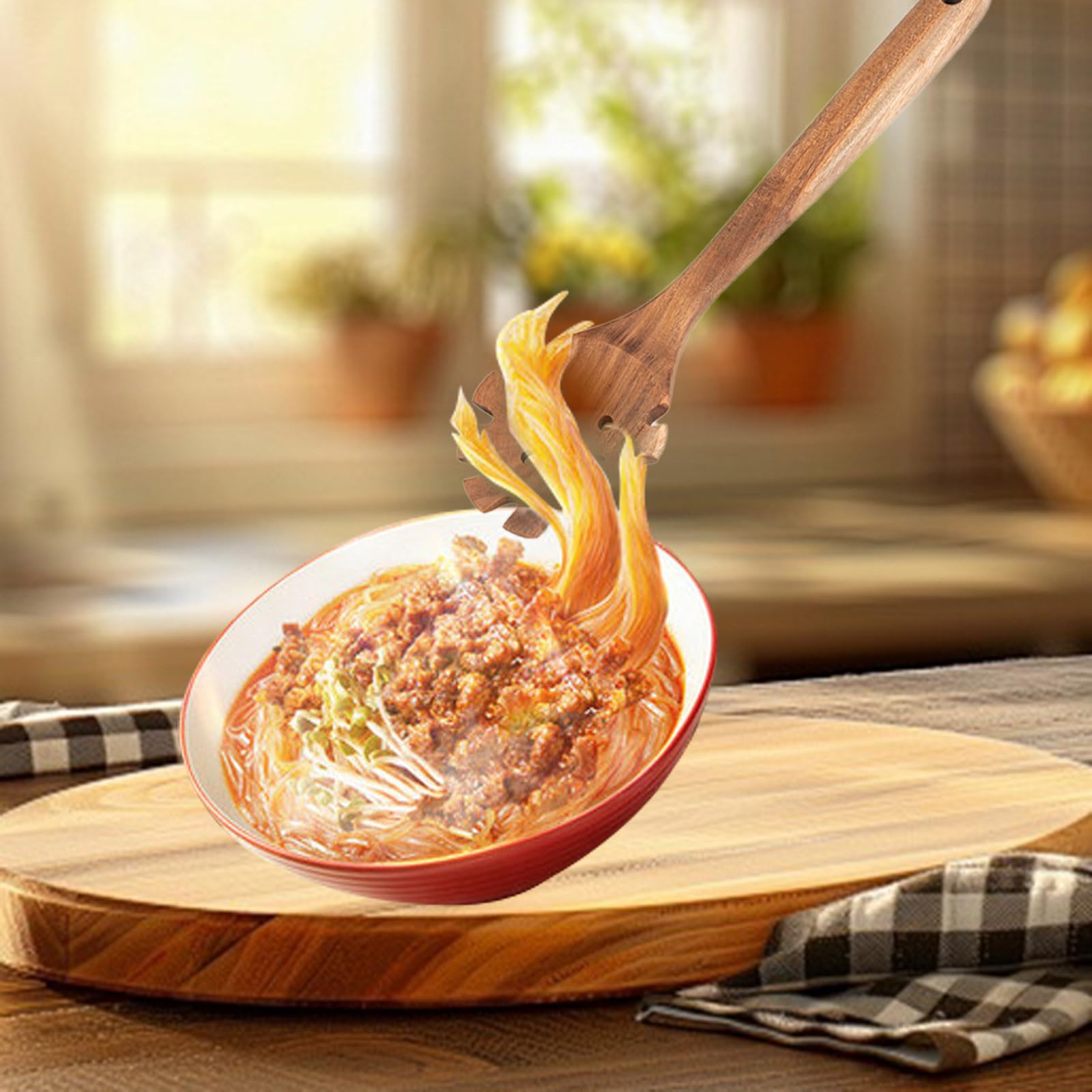 Set di 2 cucchiai per spaghetti in legno di teak, con teech, forchetta e cucchiaio per spaghetti a manico lungo