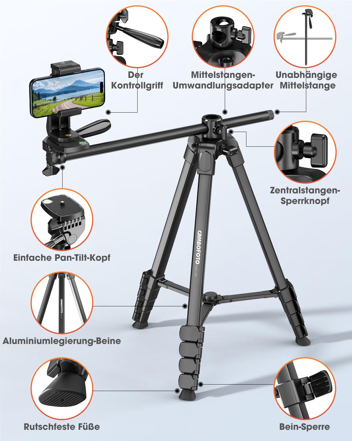 CAMBOFOTO 185 cm Horizontal Stativ für iPhone/Kamera,Overhead Stativ Handy Flexibel,Handystativ für Videoaufnahmen/Tragetasche