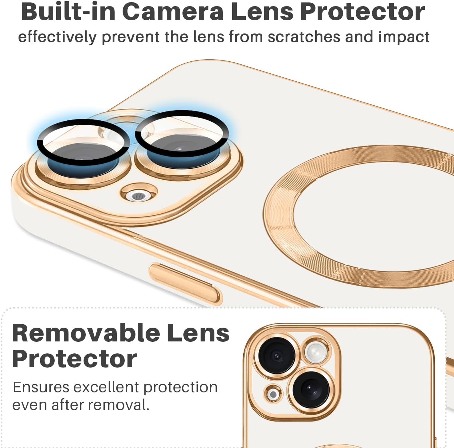 Dinick Designed for iPhone 15 Case with Magnetic [Built-in Camera Cover] Compatible with MagSafe Soft TPU Glitter Cover Anti-Scratch Protective Slim for iPhone 15 Case White and Gold - Image 3