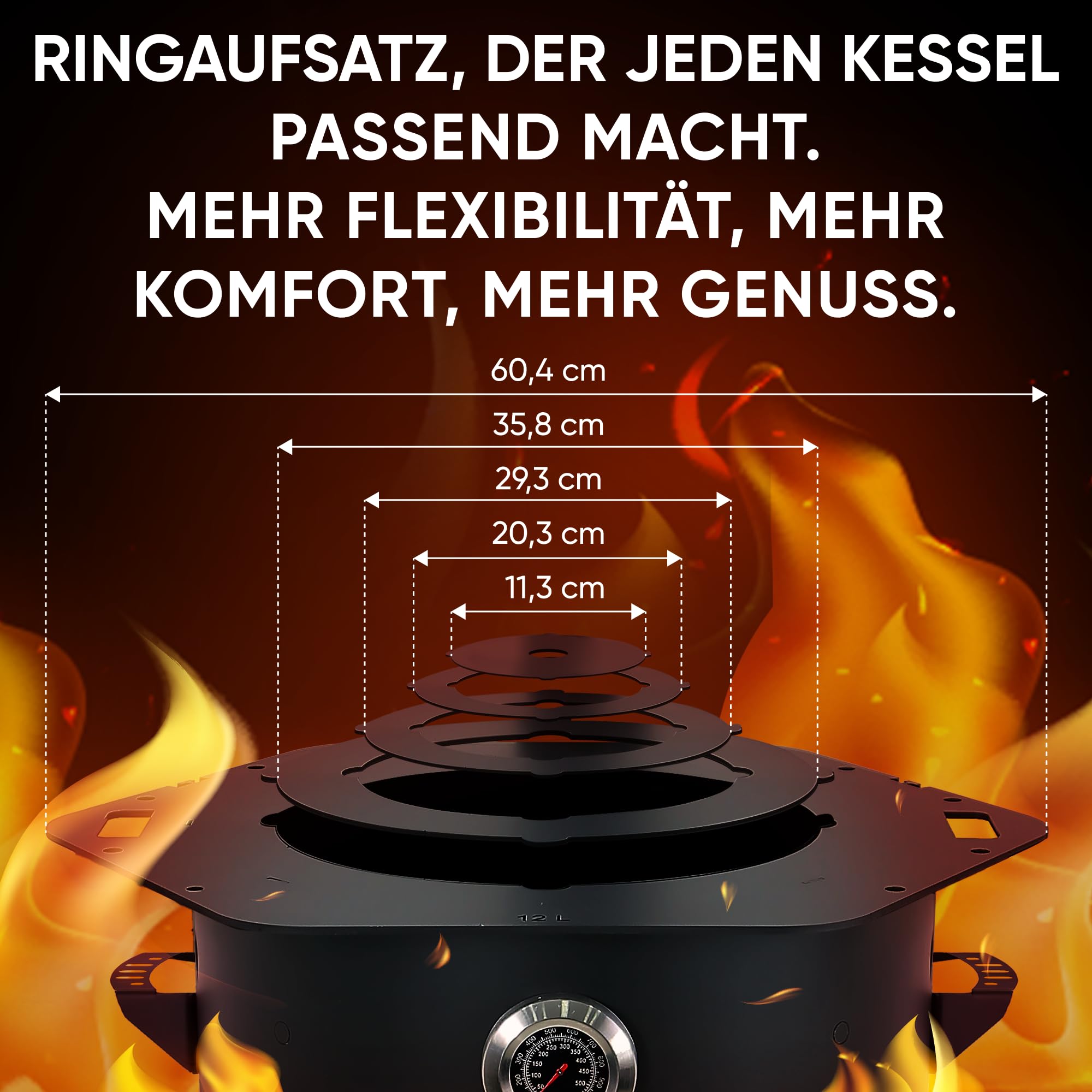 Gusseisen Kazan 16L mit Utschak Feuerofen Ø 44cm | Kasan-Set Runder Boden Deckel | Учаг Feuerschale Gulaschkanone | Wok Usbekisch Kochtopf (Eckige Ofenplatte)