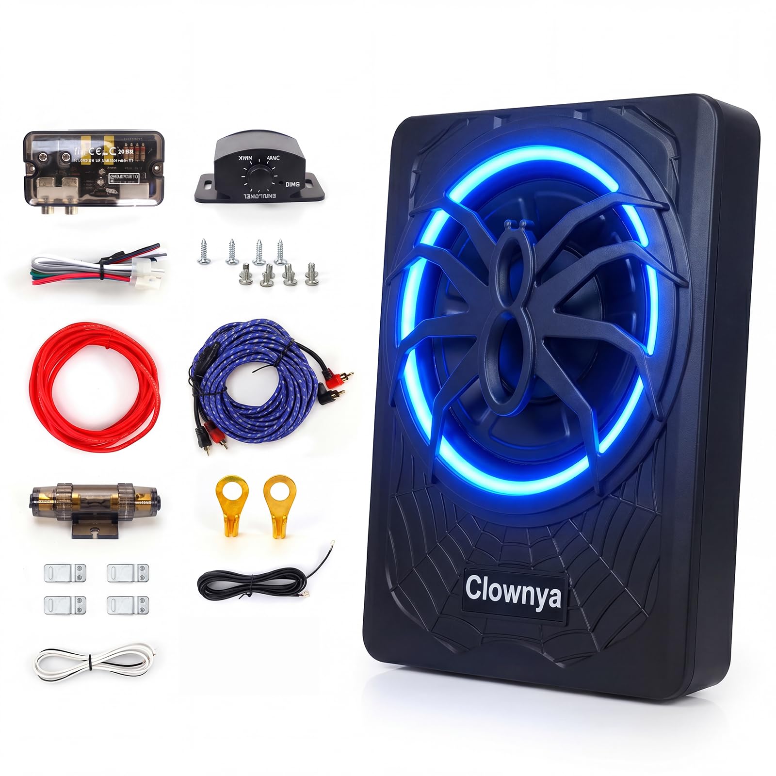 Photo 1 of 10" 1200W Slim Under-Seat Powered Car Subwoofer with Built-in Amplifier, High/Low Level Inputs, Blue LED Ambient Light, Remote Control for Gain, Bass Boost & LPF, Deep Bass for Truck/SUV/Jeep/MPV