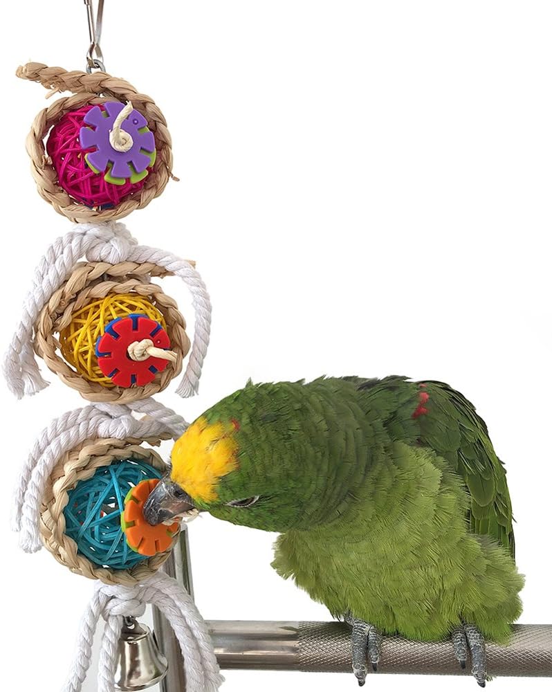 Yunt Natural Sepak Takraw Funny Pet Bird Parrot Parakeet Bite Chew Toy Pet Macaw African Greys Budgies Funny Swing Bells Toy(Bird Toy 1)