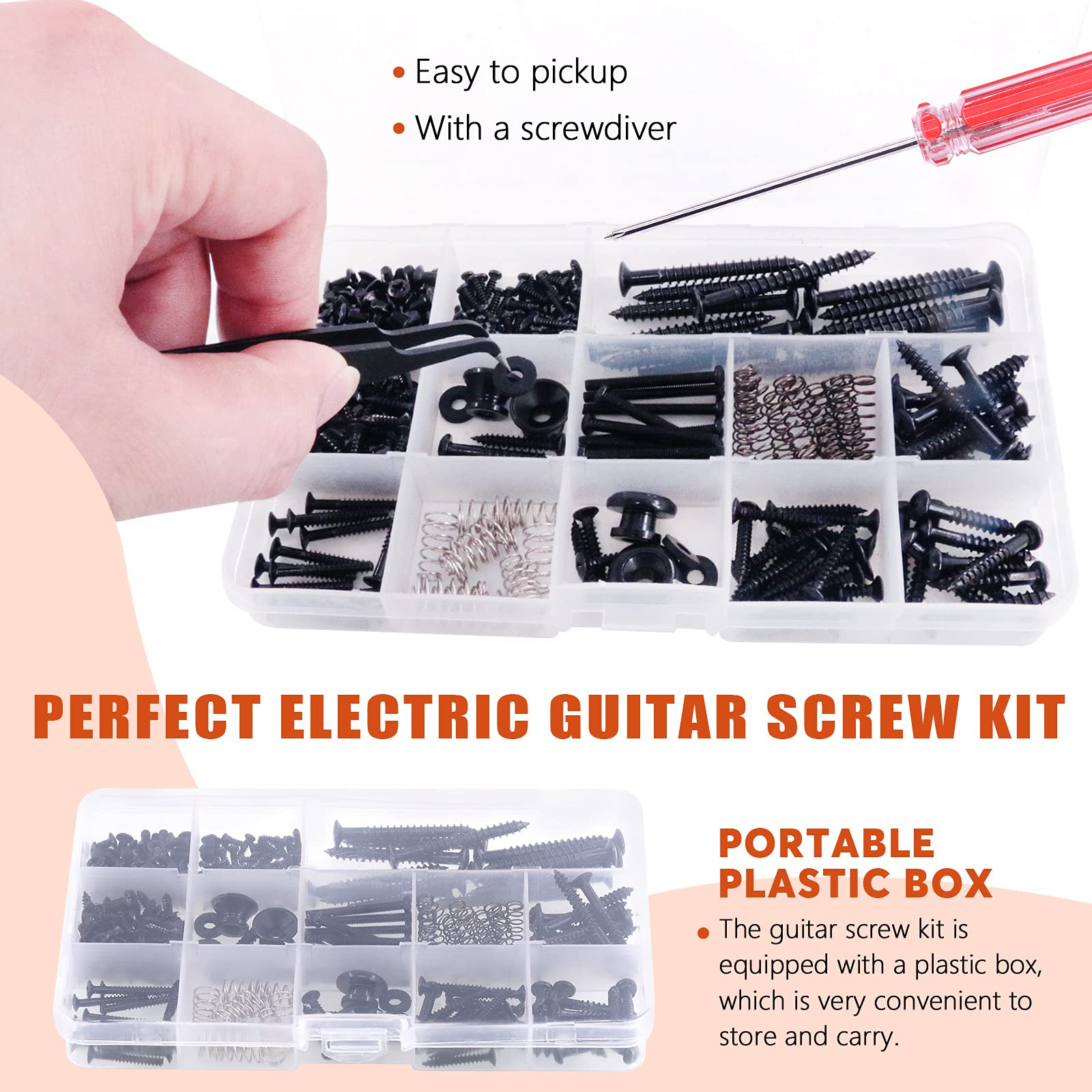 Tanstic 271Pcs Electric Guitar Screws Kit with Springs, Tweezers, Screwdriver, 3Pcs Heart Shape Picks, Cleaning Cloth - Image 4