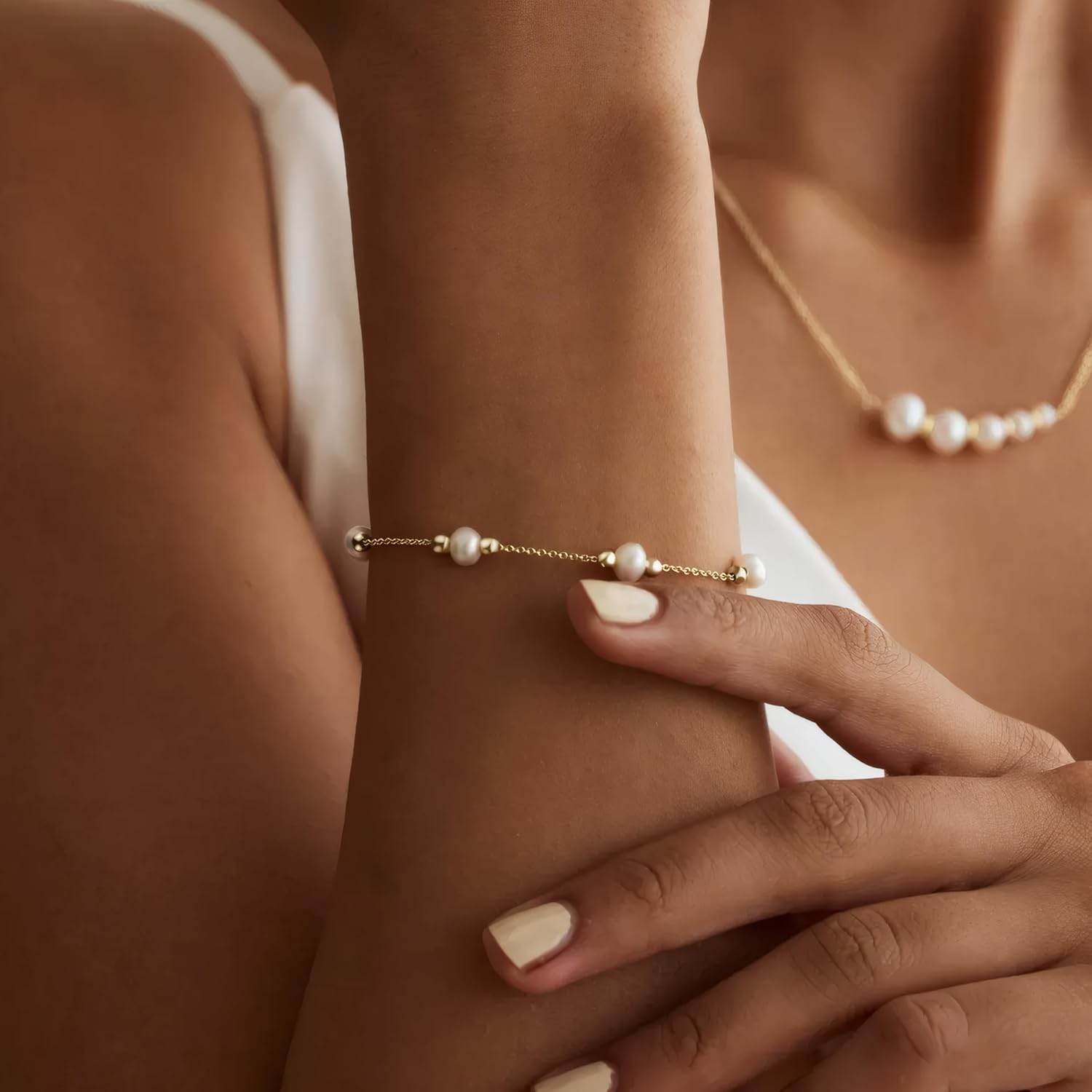 Pearls Bracelets for Women 18K Gold Plated Freshwater Pearls Dainty Chain Link Bracelets - Image 4