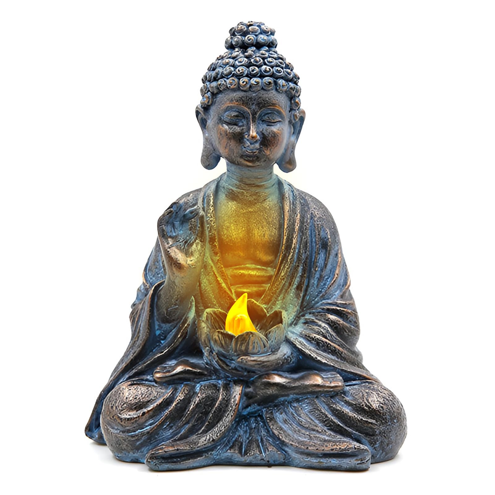 Buddha da giardino con luci a LED di loto, statua Zen in resina, decorazione cortile, terrazza, davanzale