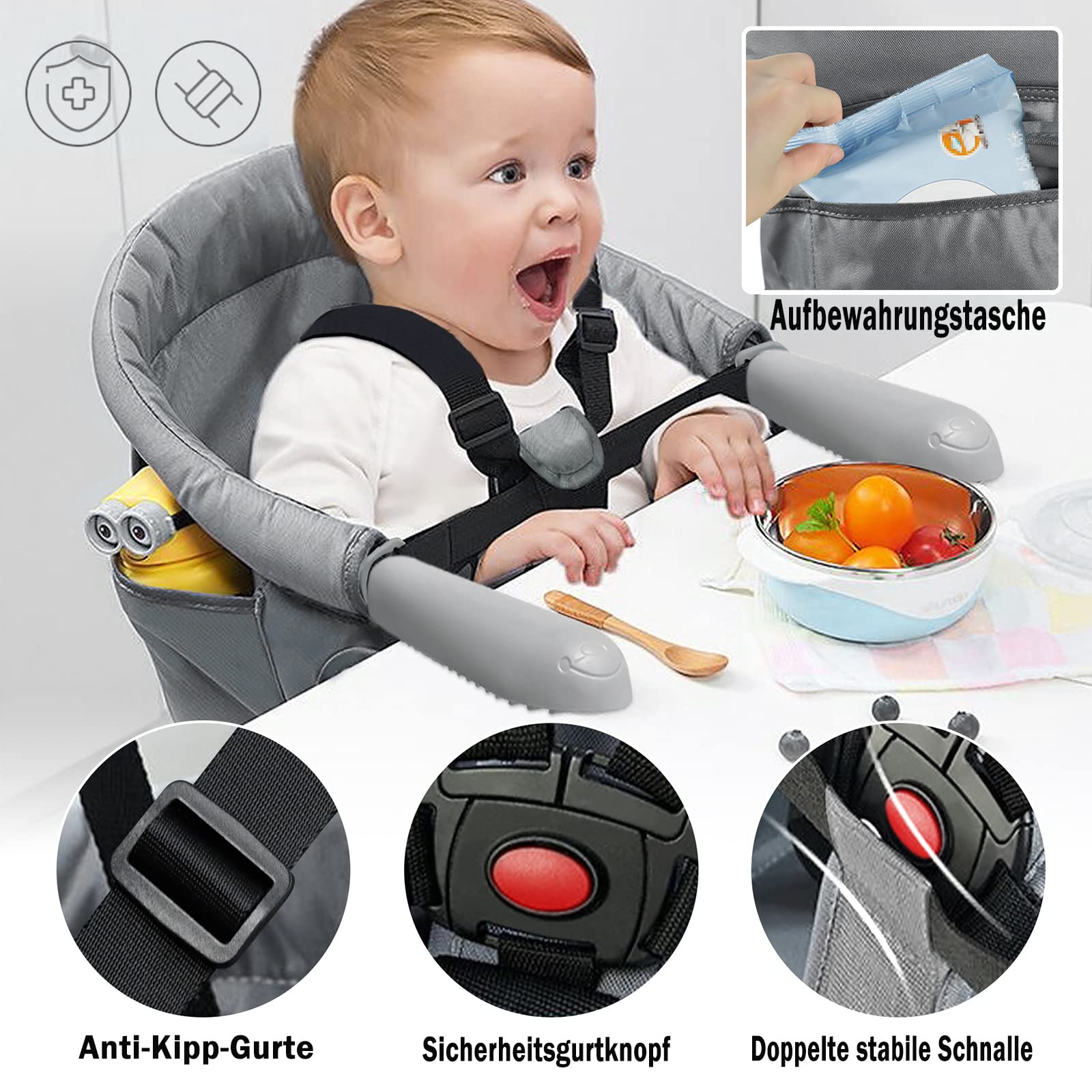 NAIZY Seggiolino da Tavolo per Bambini Pieghevole 30x24x31 cm Manico Antiscivolo Borse Portaoggetti Fino a 15 kg - Da 6 a 36 Mesi