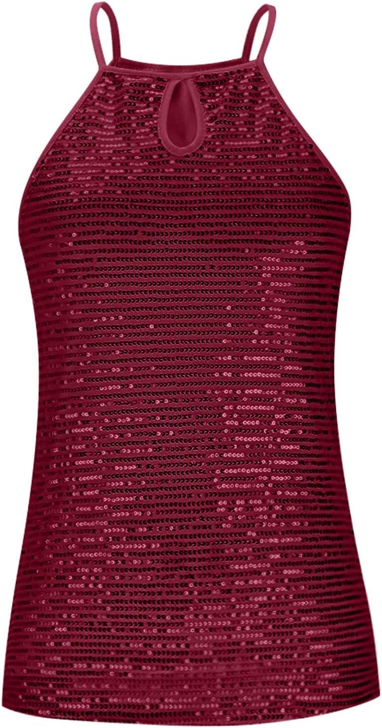 Women's Sequin Shirts Cocktail Sleeveless Mini Tank Tops Evening Party Elegant Sparkly Glitter Blouses Concert Tees