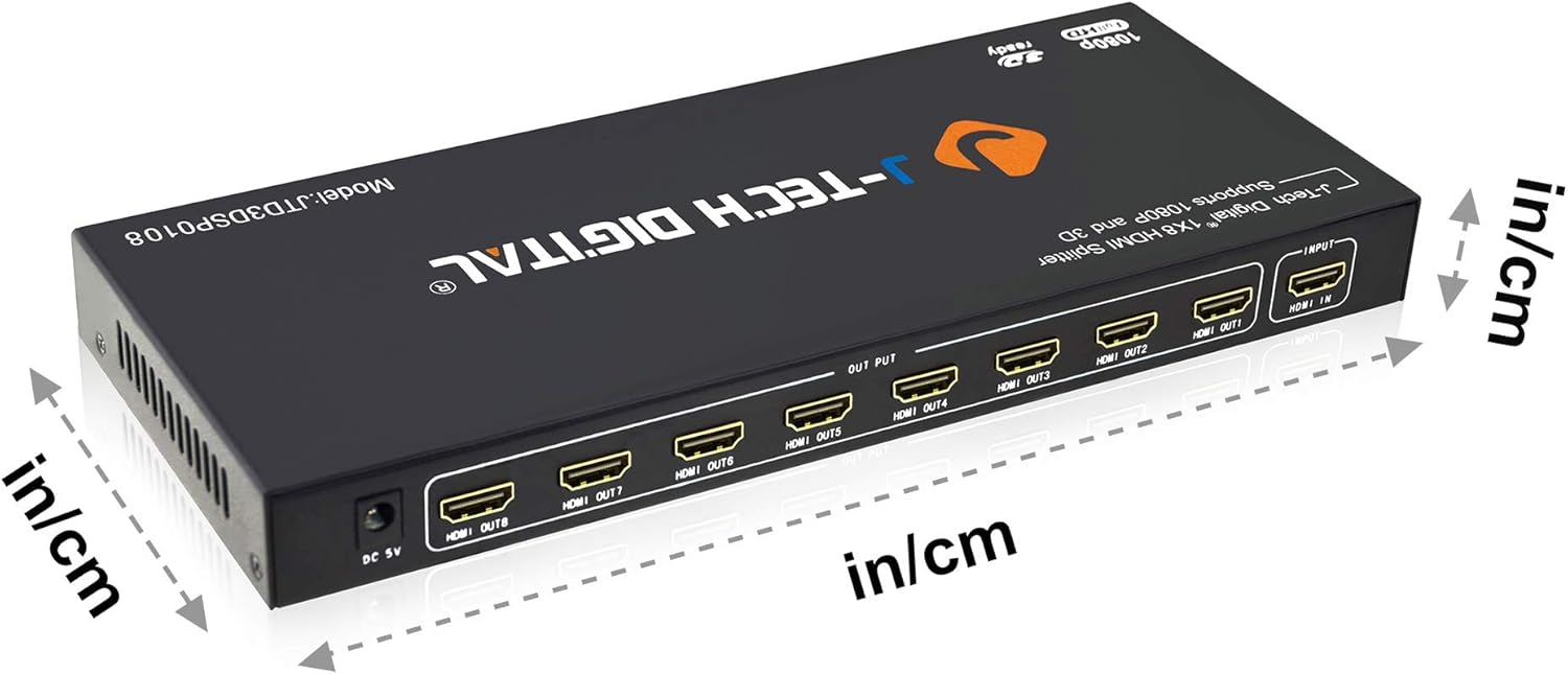 J-Tech Digital JTD3DSP0108 8-Port HDMI v1.3 1-Input 8-Output 1x8 1080P HDMI Splitter
