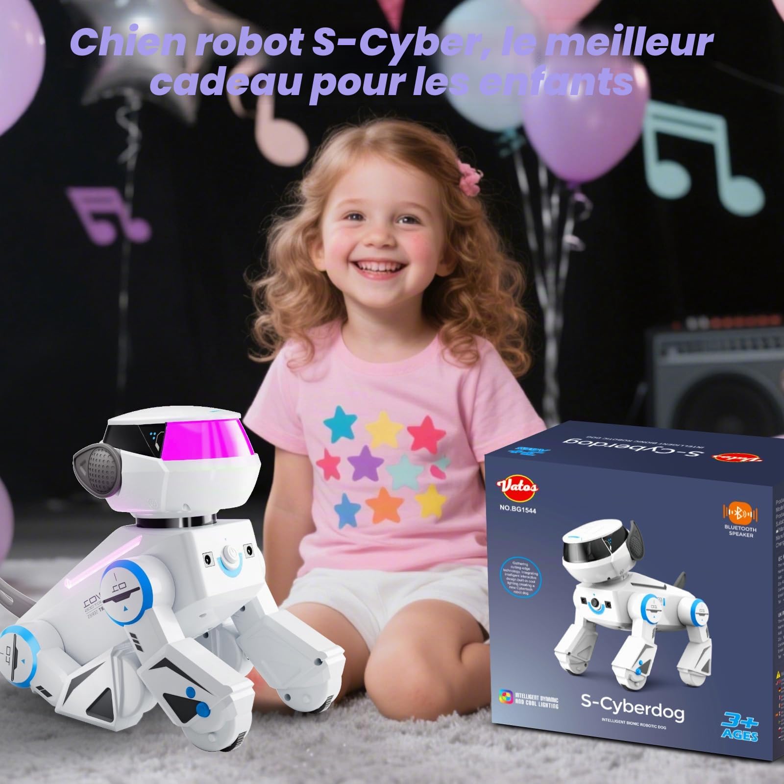 VATOS Bluetooth Chien Robot pour Enfants,Chien Robot Interactif Programmable avec Yeux LED Multicolores,Chienrobot Rechargeable Chantant et Dansant avec Télécommande pour Garçons et Filles,Blanc