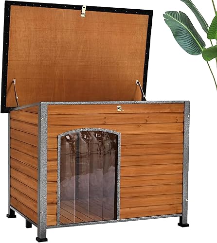 Casa para perros con aislamiento al aire libre para perros pequeños, medianos y grandes, madera natural con marco de hierro, techo impermeable con