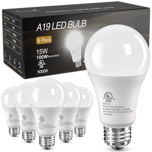 TJOY 6 Pack A19 LED Light Bulbs,100 Watt Equivalent 5000K Daylight White | 15W Bright White Energy Efficient LED Bulb, 1500 Lumens E26 Standard Screw Base Lamp for Kitchen Indoor, Non-Dimmable