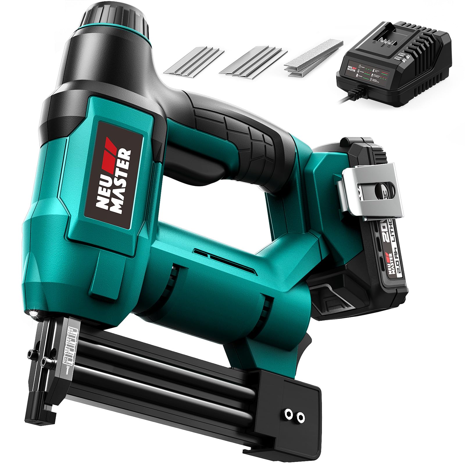 NEU MASTER Cordless Nail Gun/Staple Gun - 18 Gauge 2-in-1 Brad Nailer with Battery Powered, Includes 2.0Ah Battery & 2.4A Charger and 800 Nails & 200 Staples