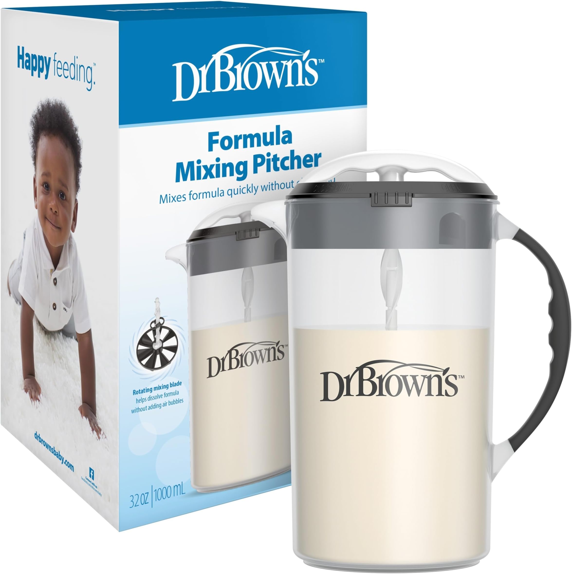 Baby Formula Mixing Pitcher with Adjustable Stopper, Locking Lid, & No Drip Spout, 32oz, BPA Free, Black