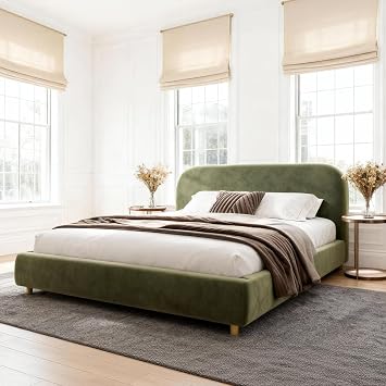 Cloud King Size Bed Frame with Curved Upholstered Headboard, Olive Green | Soft Velvet Platform Bed Frame, Low Profile Bed Frame, No Box Spring Needed for Kids Teens Adults