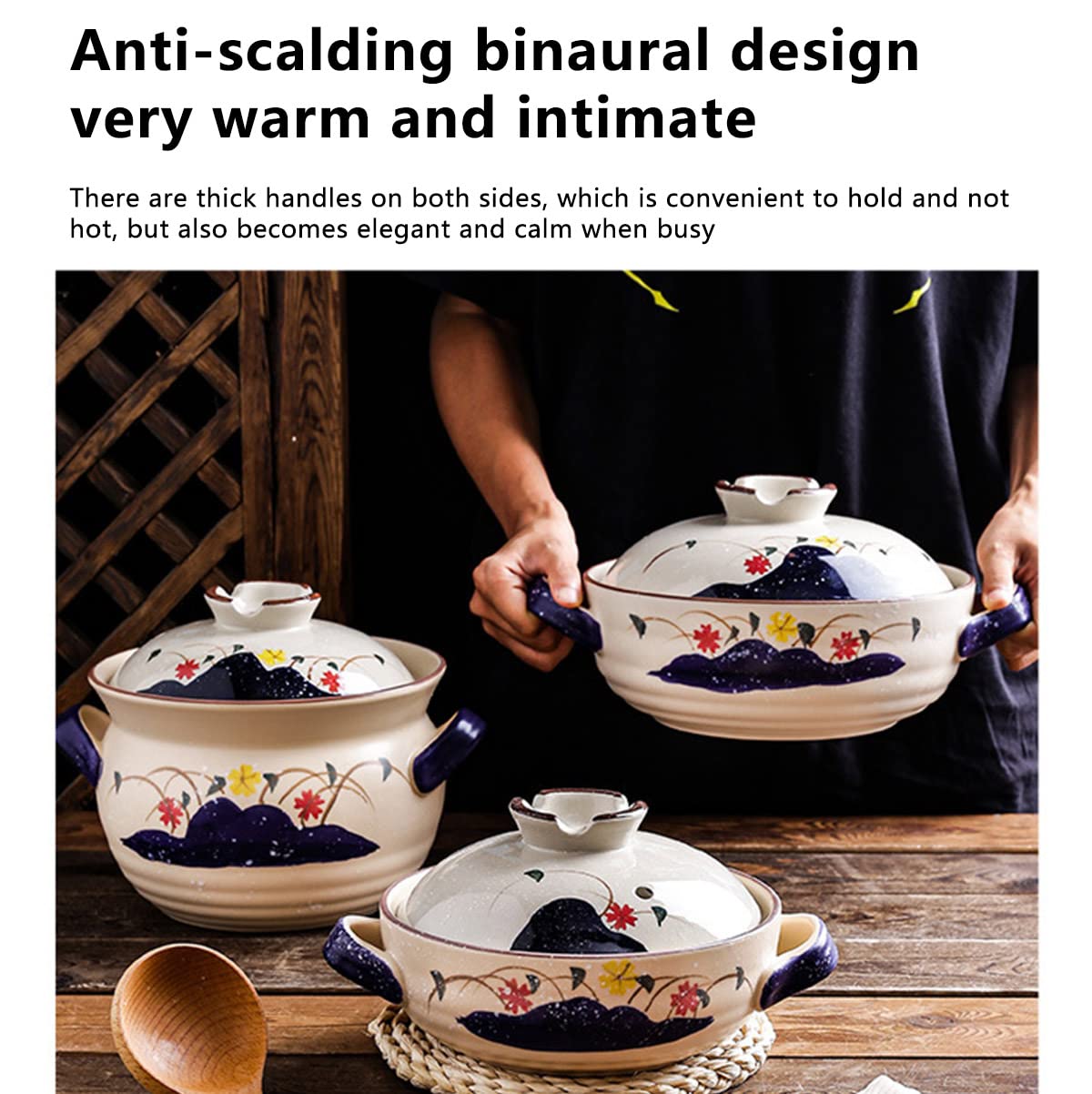 Olla De Hierro Fundido Esmaltada Estilo Japonés Olla De Estofado De Sopa Pintada A Mano De Alta Temperatura Hogar Duradero Cazuela Duradera Cocina para Estofar, Asar, Cocinar,Azul,1.5L