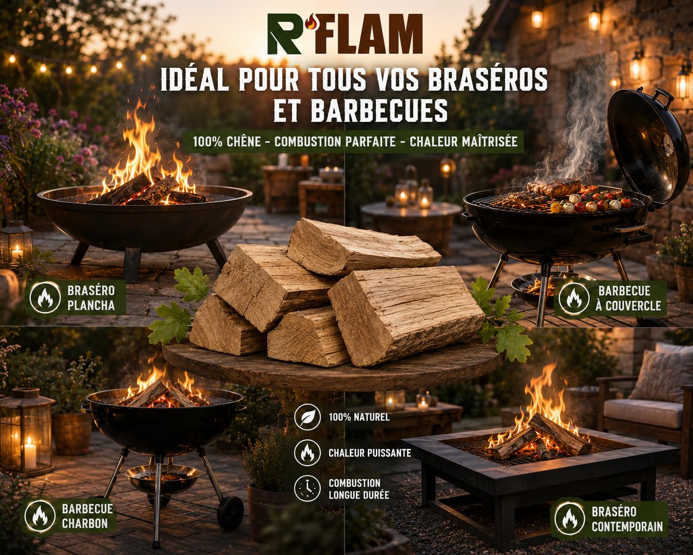 Bois de Chauffage 100% Chêne – Bûches 25 cm – Bois Sec Haute Performance – Idéal poêle, cheminée, Barbecue, braséro – R’FLAM - 14 KG