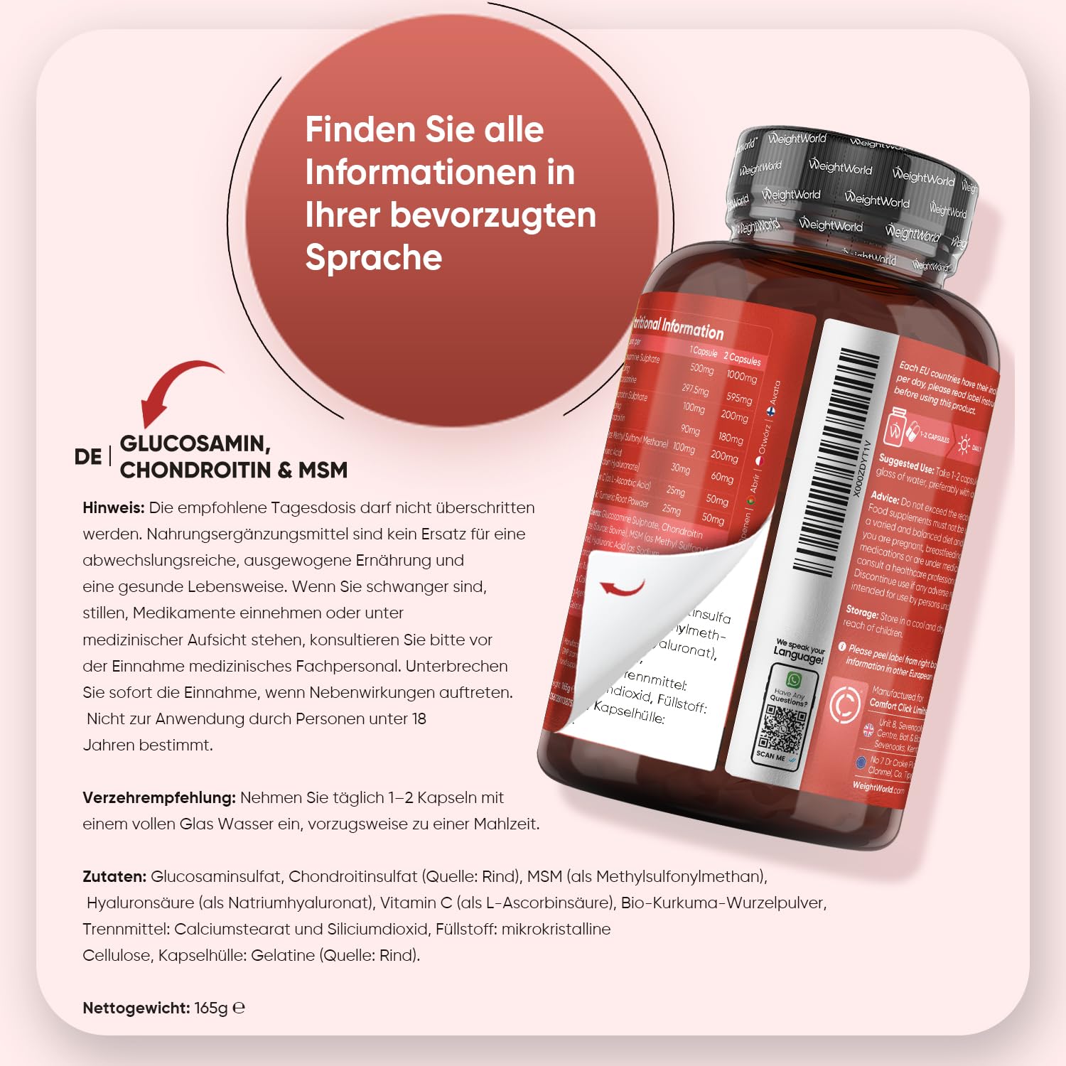 WeightWorld Glucosamin Chondroitin & MSM - 180 Stück - Täglich 1-2 Kapseln | Mit Vitamin C, Hyaluron & Bio Kurkuma, Hergestellt in der EU, Glutenfrei & Frei von Magnesiumstearat