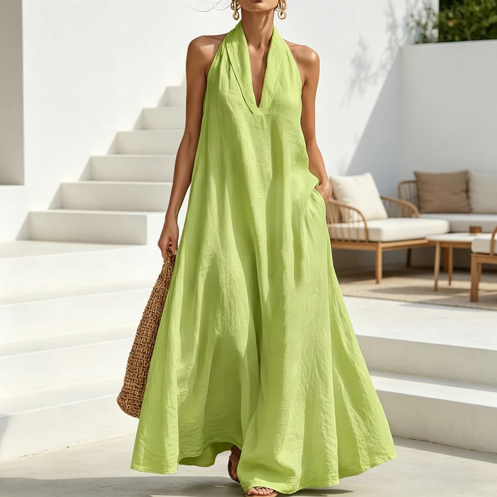 Maxi abito estivo da donna, con scollo a V, senza maniche, con risvolto e tasche, leggero e ventilato, ideale per vacanze in spiaggia, vacanze e abbigliamento casual quotidiano