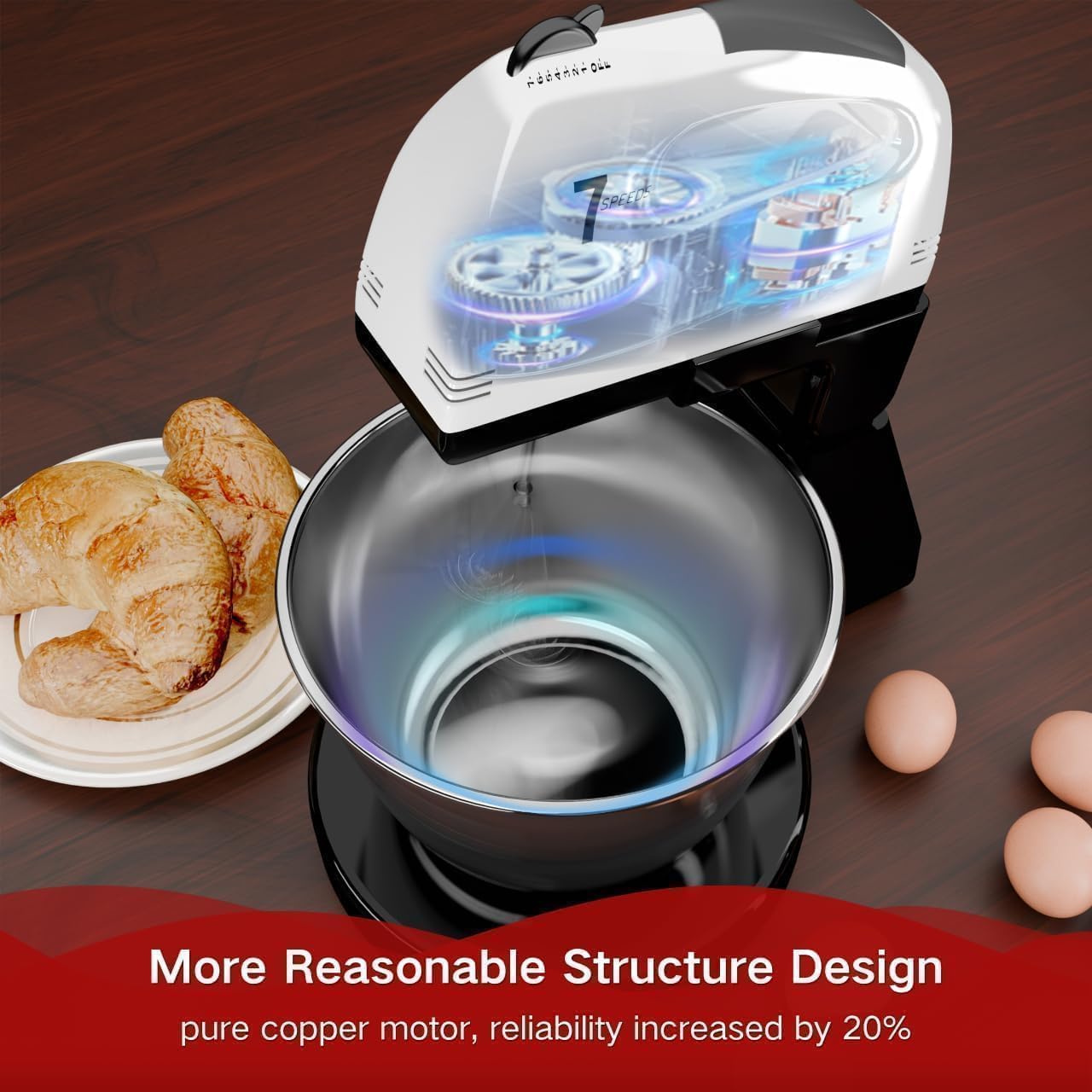 Impastatrice Planetaria, 7 velocità con ciotola in acciaio inossidabile 3QT, Robot da Cucina Multifunzione, supporto e sbattitore manuale con gancio per impastare, frusta (XN2)