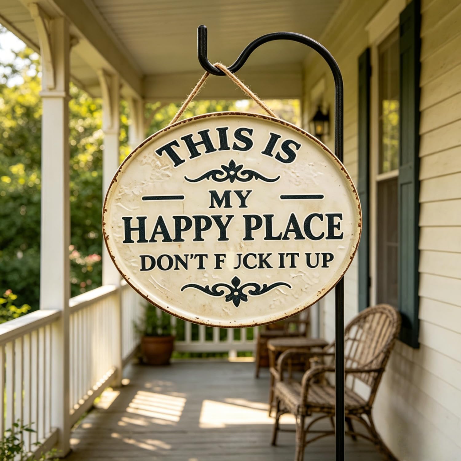 This is My Happy Place Sign,“This is My Happy Place Don’t FXXK It Up” Round Garden Wall Decor,Funny Garden Metal Sign,Outdoor Terrace Hanging Sign,for Front Door (Large(16 inch)) — view 2