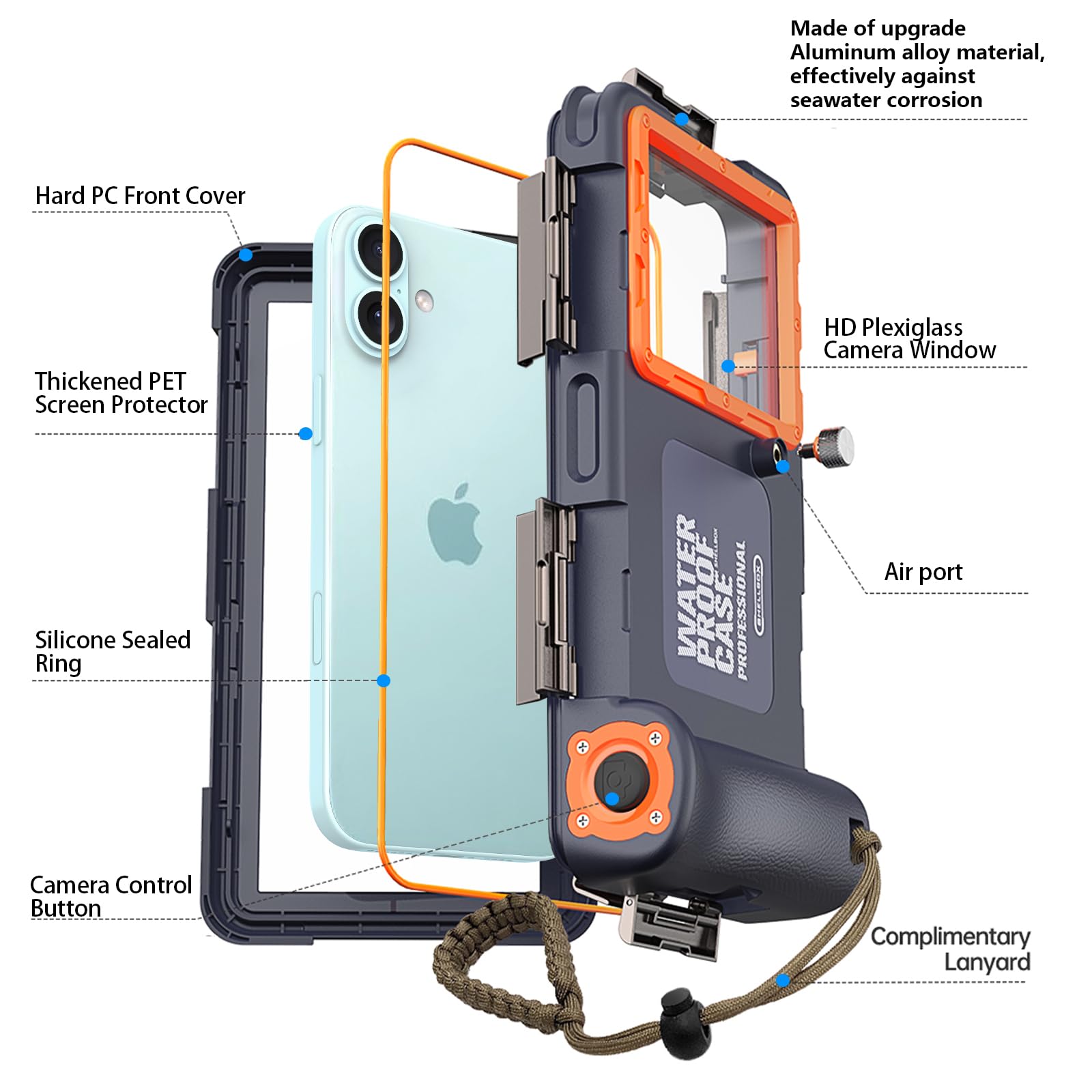 Unterwasser-Tauch-Handyhülle für iPhone 17/16/15/14/13 Pro Max, IP68, 15 m | 15 m tiefes Tauchen, stoßfest, staubdicht, mit Umhängeband, zum Schnorcheln, Tauchen, Schwimmen