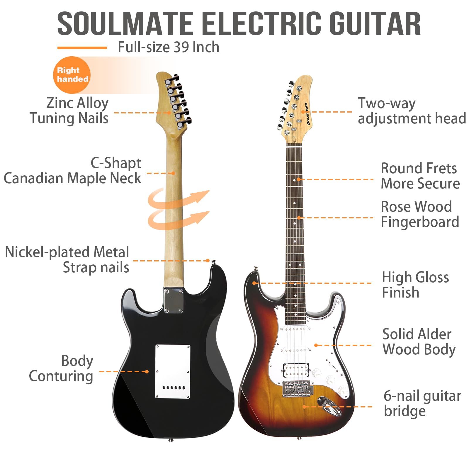 Soulmate E-Gitarren-Set für Anfänger, 99,1 cm, HSS-Tonabnehmer, solider Körper, volle Größe, E-Gitarre für Starter mit Verstärker, Tasche, Kapodaster, Gurt, Saite, Kabel, Plektren (Sunburst)