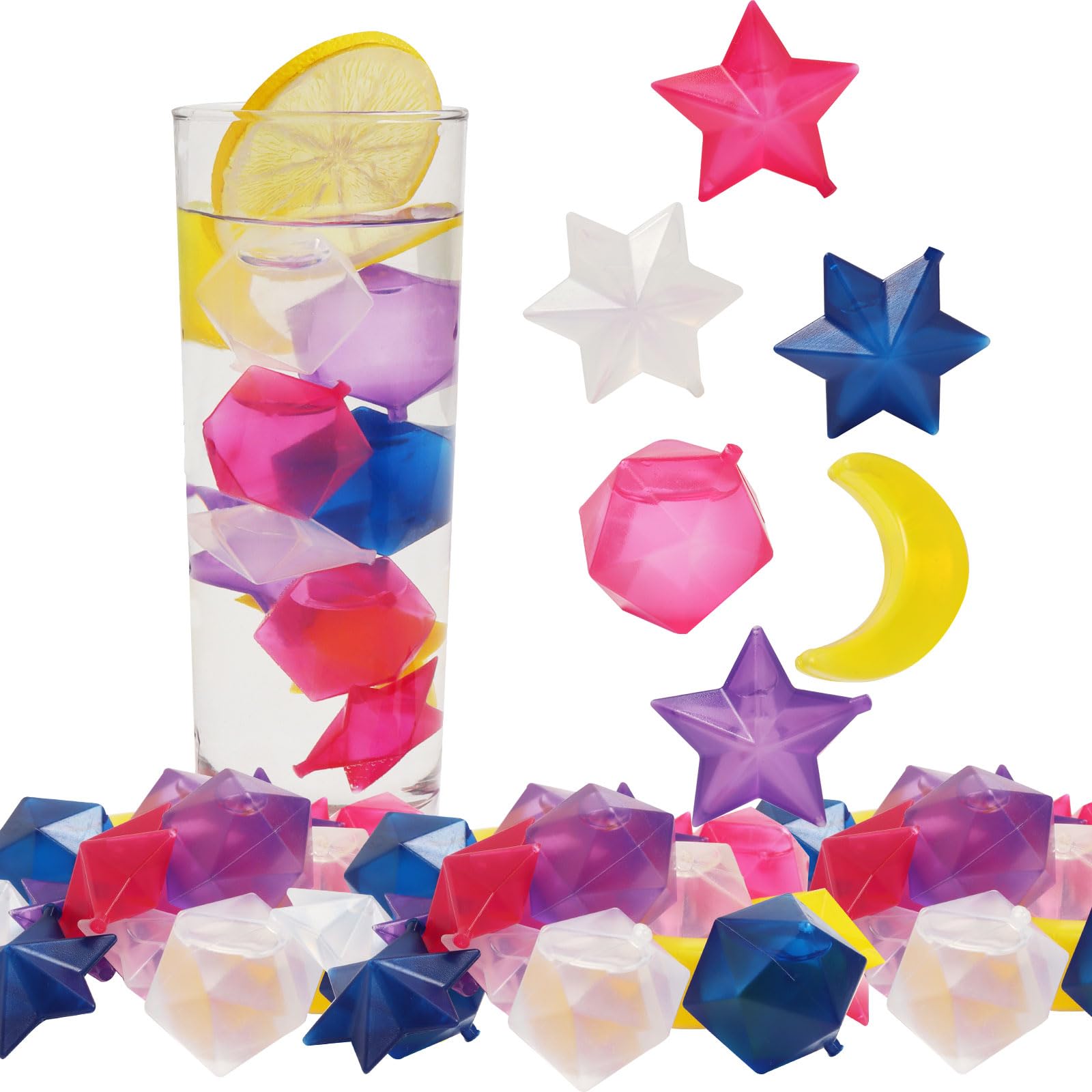 40 Pack Reusable Ice Cubes for Drinks, Colorful Star Moon Shape Refreezable Ice Cubes for Whiskey, Coffee, Wine, Cocktails (Multi Pack)