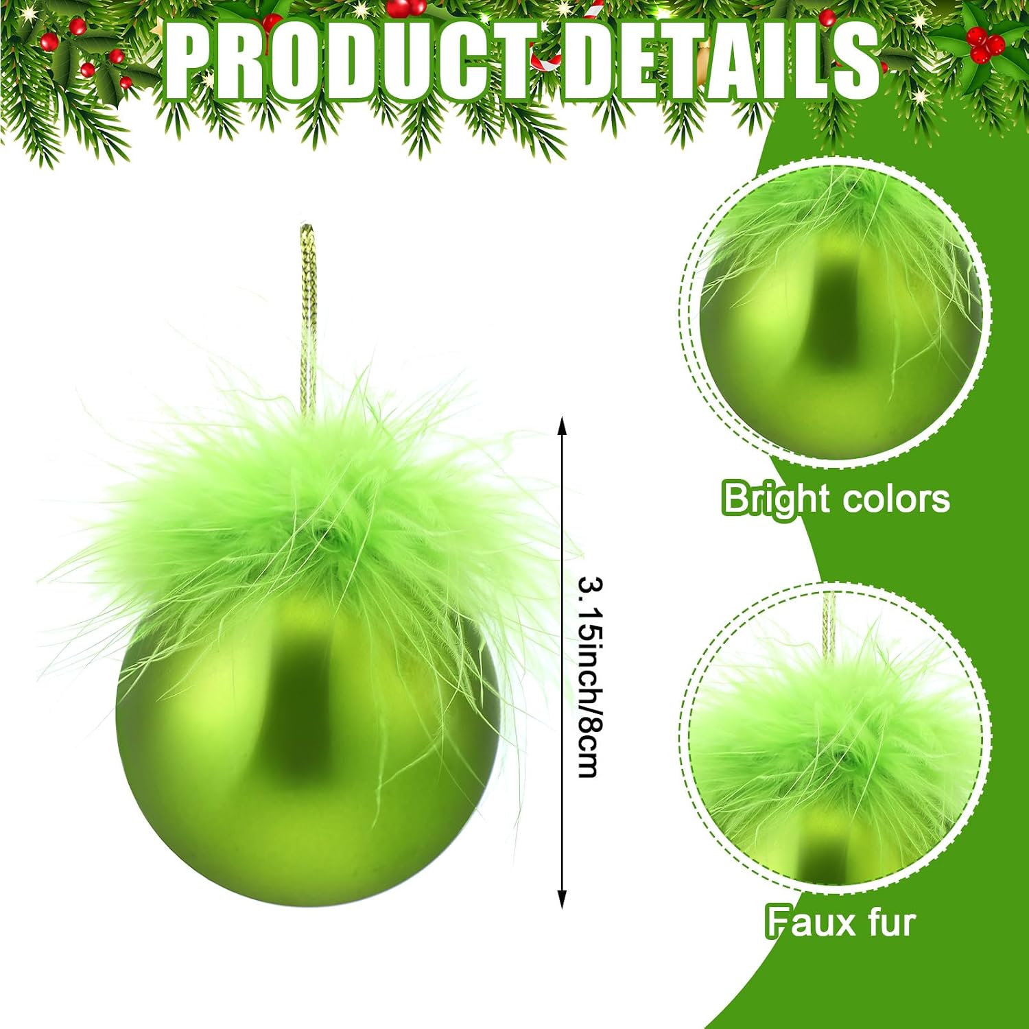 12 Pcs Green Christmas Ornaments with Fuzzy Fluffy Hair Dark Green Balls Christmas Tree Hanging Shatterproof Decrtation Set for Holiday Fireplace Xmas Party School Decor (3.2'')