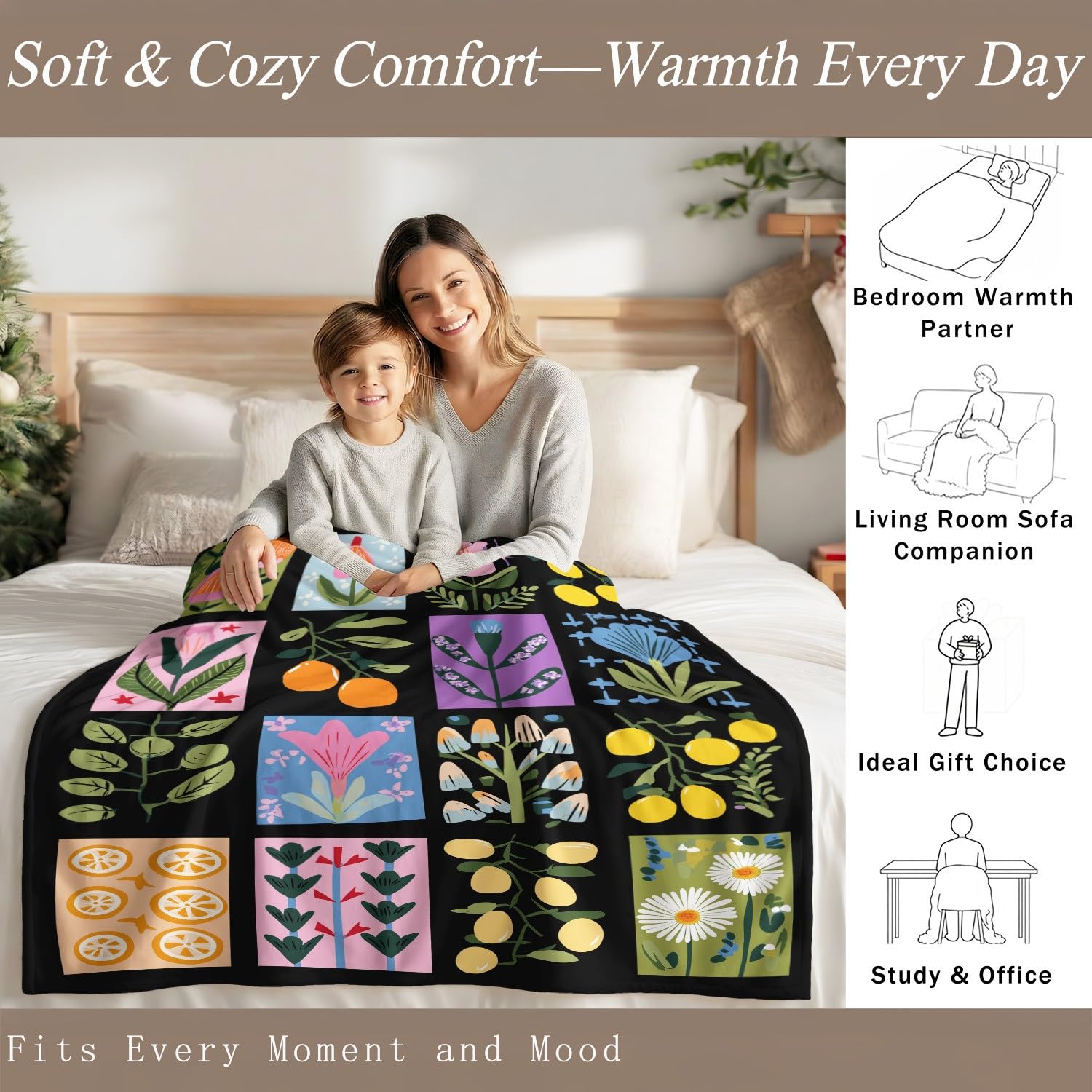 Kuscheldecke Flauschig 150 cm x 200 cm - Wohn Kuscheldecken Modern Folk Fleecedecke Weich und Warme, Botanisches Kollage Karomuster Schwarz Blumen Farbe Wohndecke Flanell Fluffy Blanket