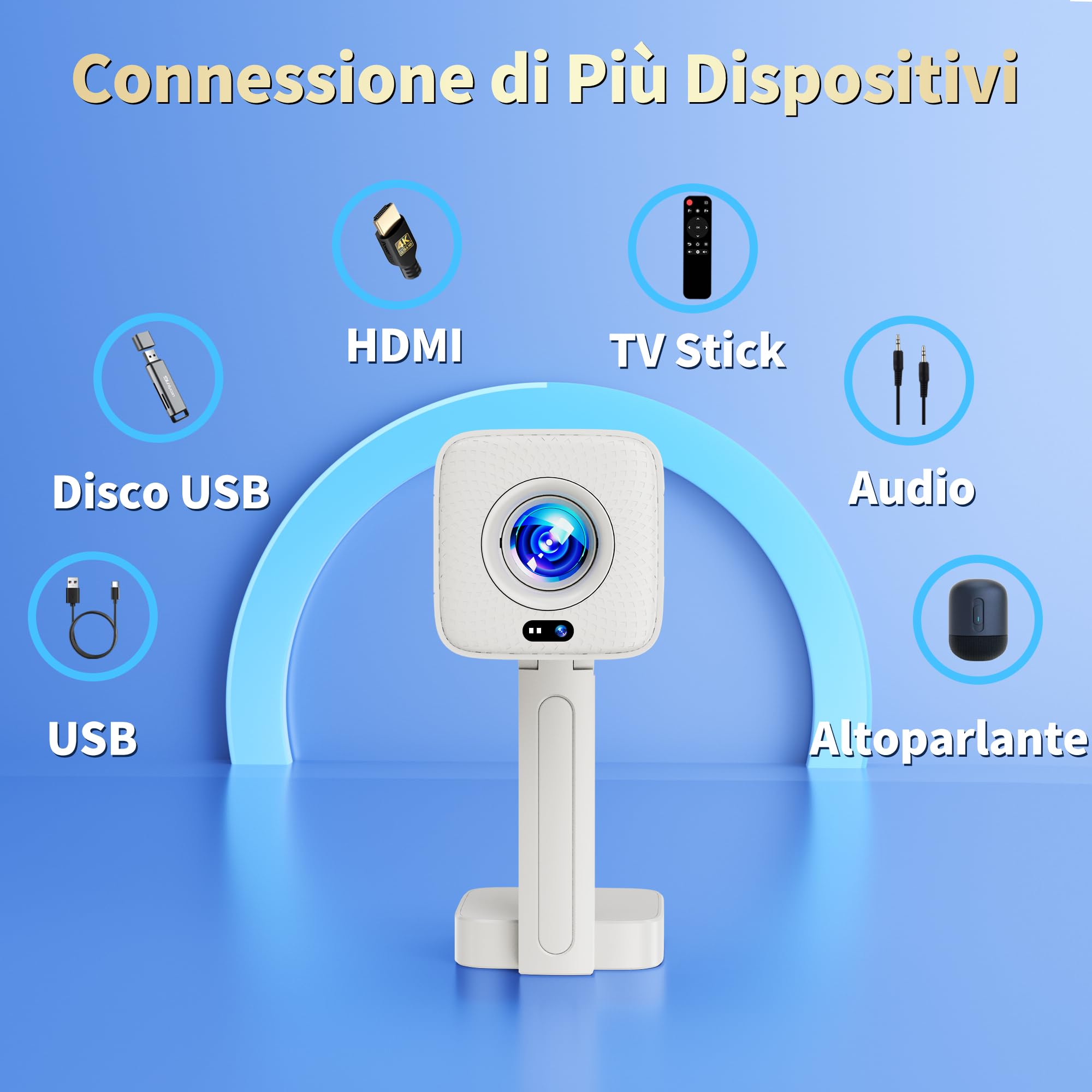 [2026 Upgraded & Apps Integrate] Proiettore 4K Support 1080P & Auto Focus/Keystone e Rotabile 90°, Mini Proiettore con WiFi 6 e Bluetooth 5.4 Compatibile con HDMI/TV Stick/Memory Stick/Laptop - Bianco