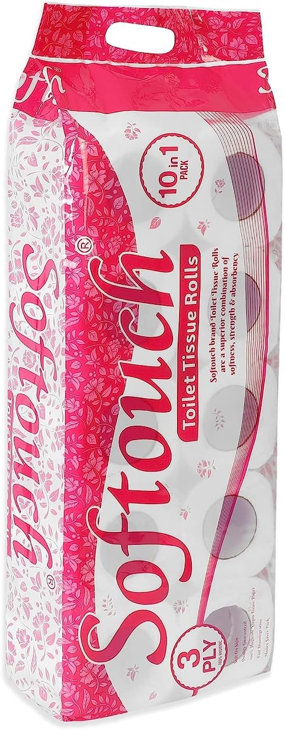 Softouch Ultra-Soft 3-Ply Toilet Tissue Rolls, 10 Rolls Mega Pack – Strong Flushable Bathroom Tissue, Premium 3-Ply for Comfort & Strength