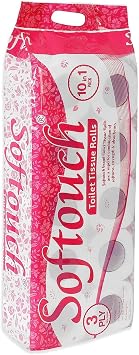 Softouch Ultra-Soft 3-Ply Toilet Tissue Rolls, 10 Rolls Mega Pack Strong Flushable Bathroom Tissue, Premium 3-Ply for Comfort & Strength